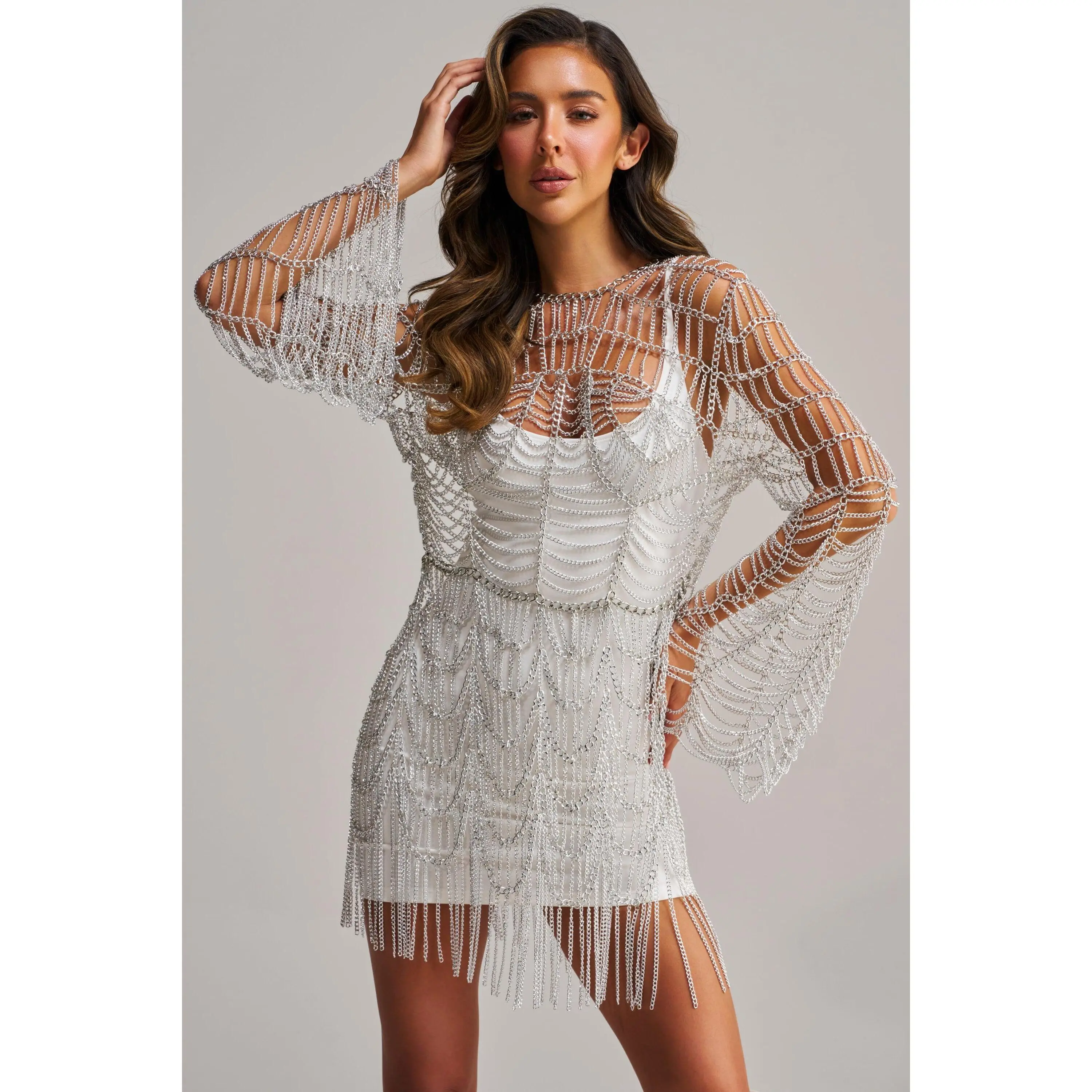 BACKSTAGE PASS METAL BODY CHAIN MINI DRESS