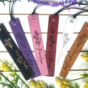 Personalized Long Leather Bookmark Customized Birth Month Flower Engraved Christmas Gift for Him or Her High Quality PU Leather Handcrafted Unique Gift Idea
