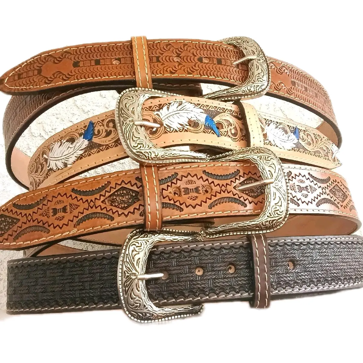 Unisex Classic Western Cowboy Cowgirl Belt, Handmade Real Leather Tooled Belt with Frame Buckle, 40mm Thick, 32-42 Sizes, Fashion Clothing Accessory