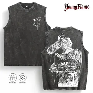 Retro Chainsaw Man Pochita Graphic Tank Top | Heavy Acid Wash Distressed Streetwear | 2026 Vintage Grunge Aesthetic Sleeveless Tee | 100% Cotton Premium Quality Anime Merch everyday shirt outdoorfun short-sleeved t-shirt