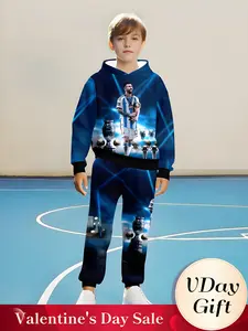Must-Have Messi Argentina Trophy Ronaldo Theme Boys' Hooded Sweatshirt Set, Casual Fitted Regular Length, Fall & Winter Clothing