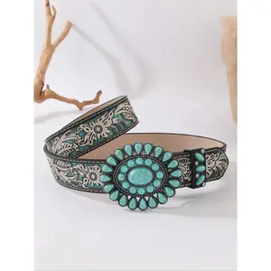 Women's Bohemian Style Waist Belt with Turquoise Alloy Buckle, Vintage Fashion Accessory for Ladies, Elegant Design for Daily Wear