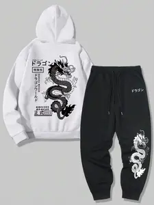 Men's Dragon Graphic Print Pocket Hoodie & Drawstring Waist Sweatpants Two-piece Set, Regular Fit Casual Long Sleeve Hooded Sweatshirt & Jogger Pants for Fall & Winter, Men's Two-piece Outfits for Daily Wear, Men Sweatsuit Outfits