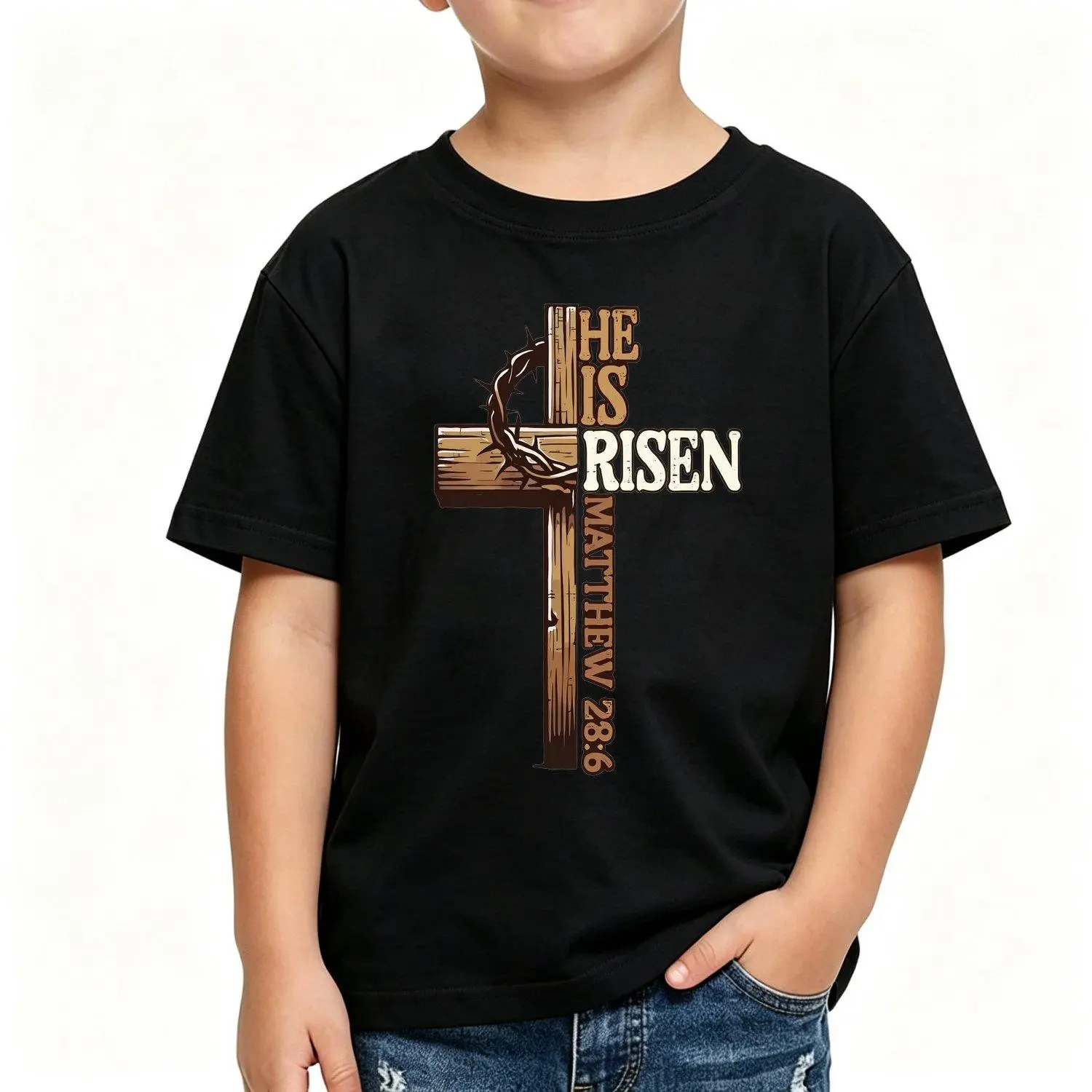 Boys' Classic All-Season Cotton Graphic Tees, Easter Cross Jesus Risen Short-Sleeve Religious Faith Apparel, Casual Christian Holiday Kids' Tops