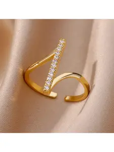 Gold Plated V-Shaped CZ Open Ring for Women - Dainty Pave Cubic Zirconia Adjustable Statement Ring, Fashion Stackable Jewelry