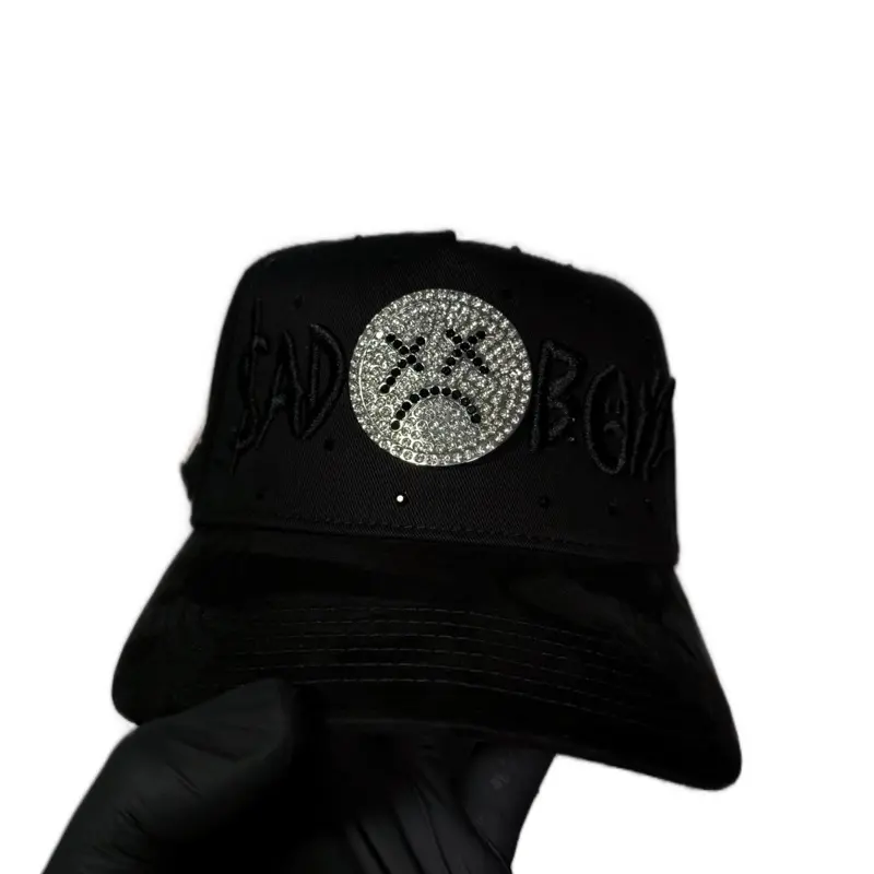 Gorra Sad Boyz Con Piedras Black Hat with Crystal Detailing and Text Design