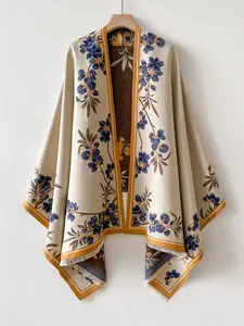 Women's Blue Floral Print Shawl, Elegant Thick Scarf for Fall & Winter, Fashion Accessory for Women and Girls, Woven Fabric, Fitted Style