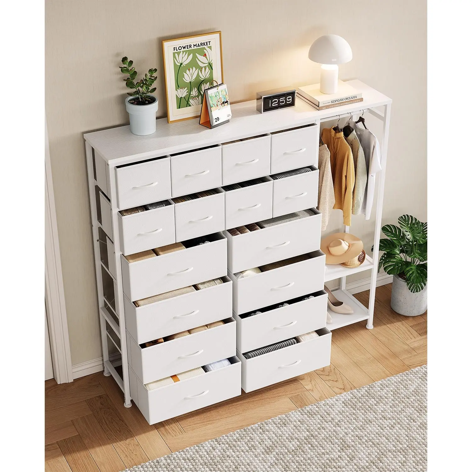 Premium Tall 16-Drawer Fabric Dresser Featuring Integrated Hanging Rod & 2 Open Shelves, Sturdy Metal Frame with Solid Wood Top, Spacious Storage Organizer for Bedroom Entryway Living Room