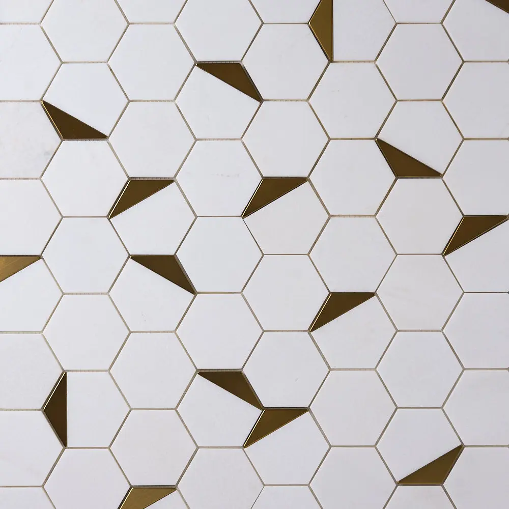 Glam Thassos White + Gold Brass 12x13 Glossy Hexagon Marble Tile