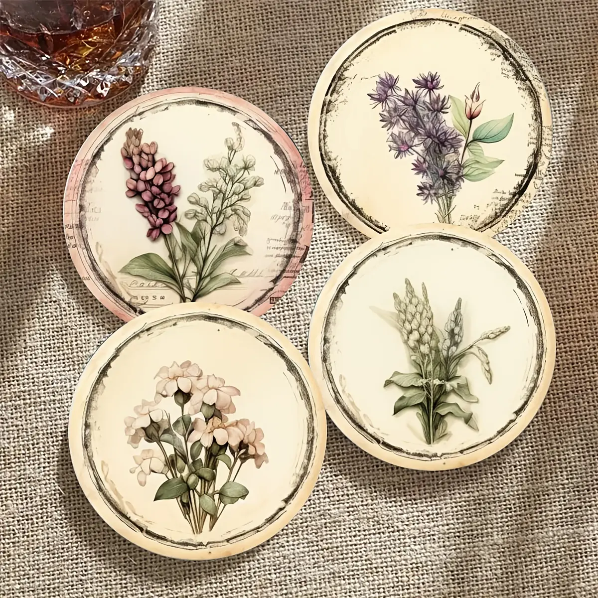 12 pieces/set of vintage floral themed wooden coasters - heat-resistant and non slip, suitable for coffee and tea drinks - perfect for home and office decoration, ideal gift choice, Decorative Coaster, Round Coaster, Kitchen Coasters