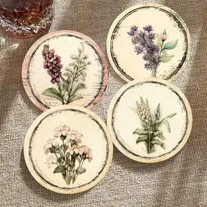 12 pieces/set of vintage floral themed wooden coasters - heat-resistant and non slip, suitable for coffee and tea drinks - perfect for home and office decoration, ideal gift choice, Round Coaster