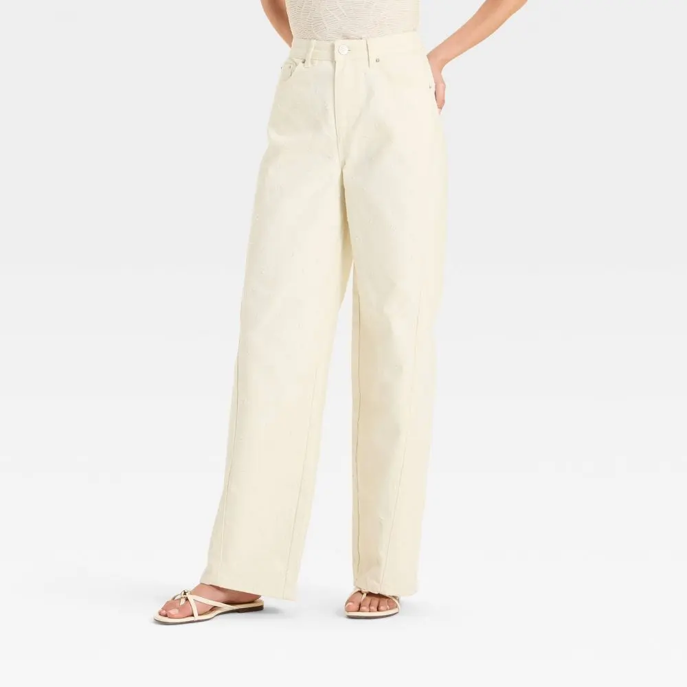 Women's Mid-Rise Relaxed Fit Wide Leg Distressed Jeans - Future Collective, Everyday Basic Comfortable Garment with Pocket