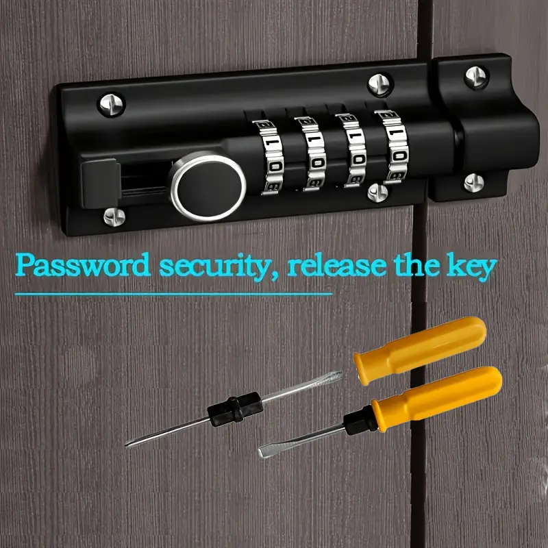 Combination Bolt Lock, 4-Digit Black Combination Door Security Sliding Bolt Lock with Dual-Purpose Screwdriver Set; Heavy-Duty Zinc Alloy Sliding Bolt Lock for Shed Doors And Fences