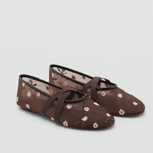 2025 Summer New Women's Shoes Red Heart Shaped Printed Mesh Fabric Flat Ballet Shoes Girl Footwear