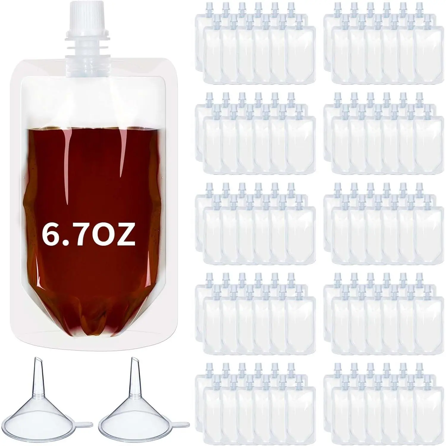 100 count Plastic Pouches Bulk  Squeeze Pouches Clear Juice Bags Leak Proof with Funnel for Travel Women Men(6.7 oz,Straight Mouth)