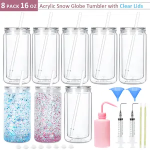 8 Pack 16 Oz Acrylic Snow Globe Tumblers，Double Wall Plastic Cups for Snow Globe Glitter DIY，Including DIY Tools（Clear Lids & Straws）