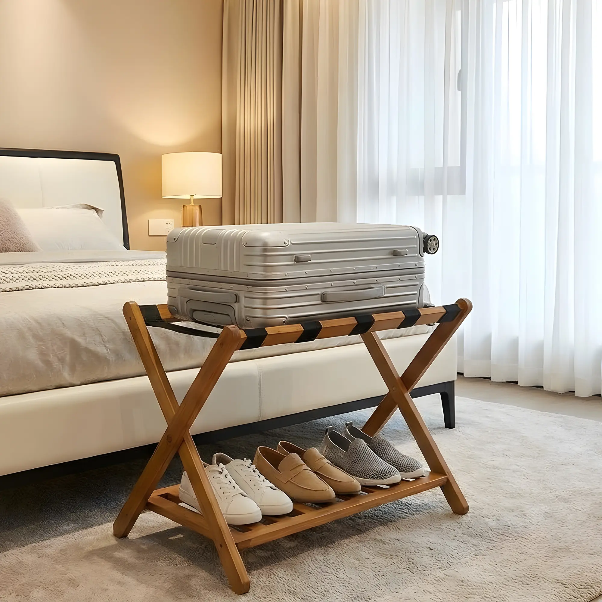 Bamboo Folding Luggage Rack with Storage Shelf – 5 Durable Nylon Straps – Supports Up to 150 lbs – Space-Saving Suitcase Stand for Bedroom, Guest Room, Hotel