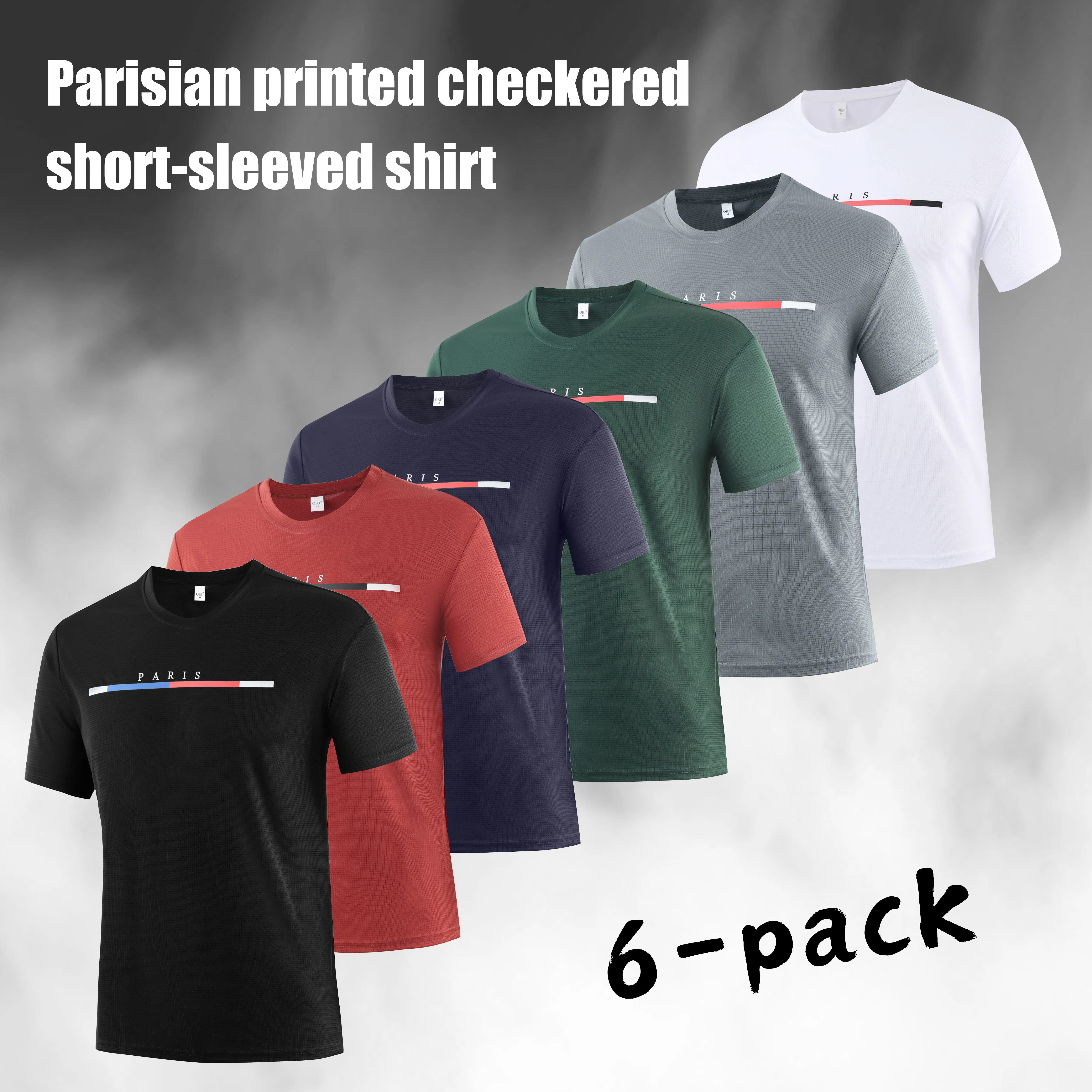 Men's T-Shirts 6-Pack, Waffle Knit Polyester Athletic Fit Tees with Paris Stripe Accent, Moisture Wicking Short Sleeve Basic Fabric for Gym & Sporty Chic, Crew Neck, Fitted, Quick Dry