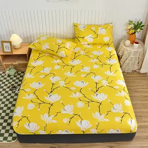 3pcs Fitted Sheet Set, Yellow Flora Pattern Printed Bedding Set, Soft Comfortable Breathable Fitted Sheet For Bedroom, Guest Room (1*Fitted Sheet + 2*Pillowcases, Without Core)