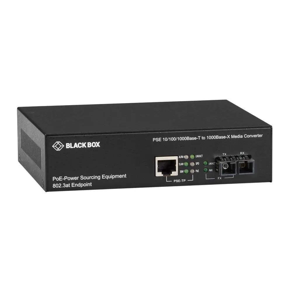 Black box LPS500 Series Gigabit Ethernet (1000-Mbps) PoE Media Converter - 10/100/1000-Mbps Copper to 1000-Mbps Multimode Fiber, 850nm