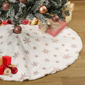 36inch Double Layers Fluffy Faux Fur Rose Gold Sequin White Christmas Tree Skirt Shiny Tree Cover Mat for Fireplace Xmas Tree Decoration