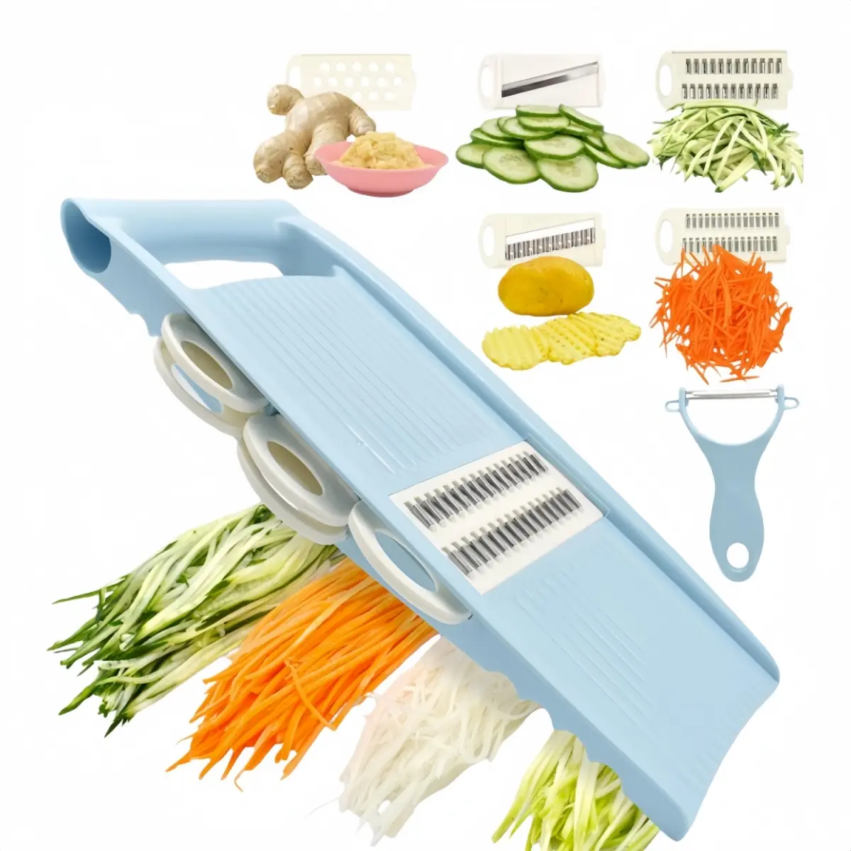 5-in-1 Professional Kitchen Vegetable Fruit Cutter Utensils - Mandoline Slicer with Grater, Julienne Peeler, Waffle Fry Blade for Efficient Food Preparation, Cheese