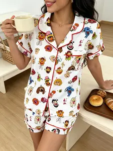 Adorable Doll Print Pajama Set, Women's Short Sleeve Collared Cardigan Sleepwear Loungewear, Soft Two-Piece Nightdress, Summer Comfort Home Wear
