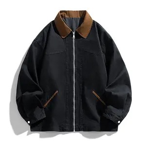 Men's Black Reversible Jacket with Front Zipper - Brown Collar, Workwear Design, Oversized Fit