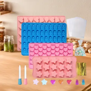 Pack of 4 Gummy Bear Moulds, Silicone Mould with 2 Pipettes, 50 Transparent Pockets, 50 Torsion Bars, Silicone Chocolate Mould, Candy Mould for Sweets Chocolate Jelly
