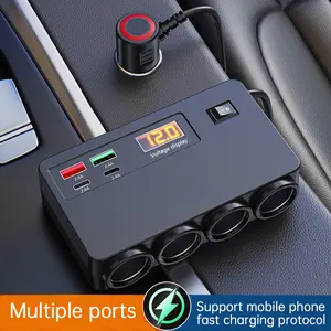 Cigarette Lighter Splitter, [2026 Upgraded] 4-Socket Car Power Outlet Adapter with USB C PD 30W & QC 3.0 Fast Charging, 12V/24V DC Car Charger with Individual Switches and LED Voltage Display for Dash Cam, GPS, Phone