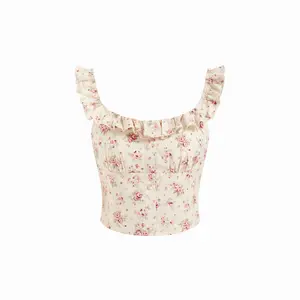 Cider Cotton Floral Ruffled Square Neckline Crop Blouse SwimWeek SummerWins