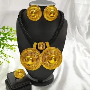 Dubai Indian African Black Rope Necklace Earrings Ring Jewelry Set For Women 24K Gold Plated Nigeria Bridal Wedding Party Jewell