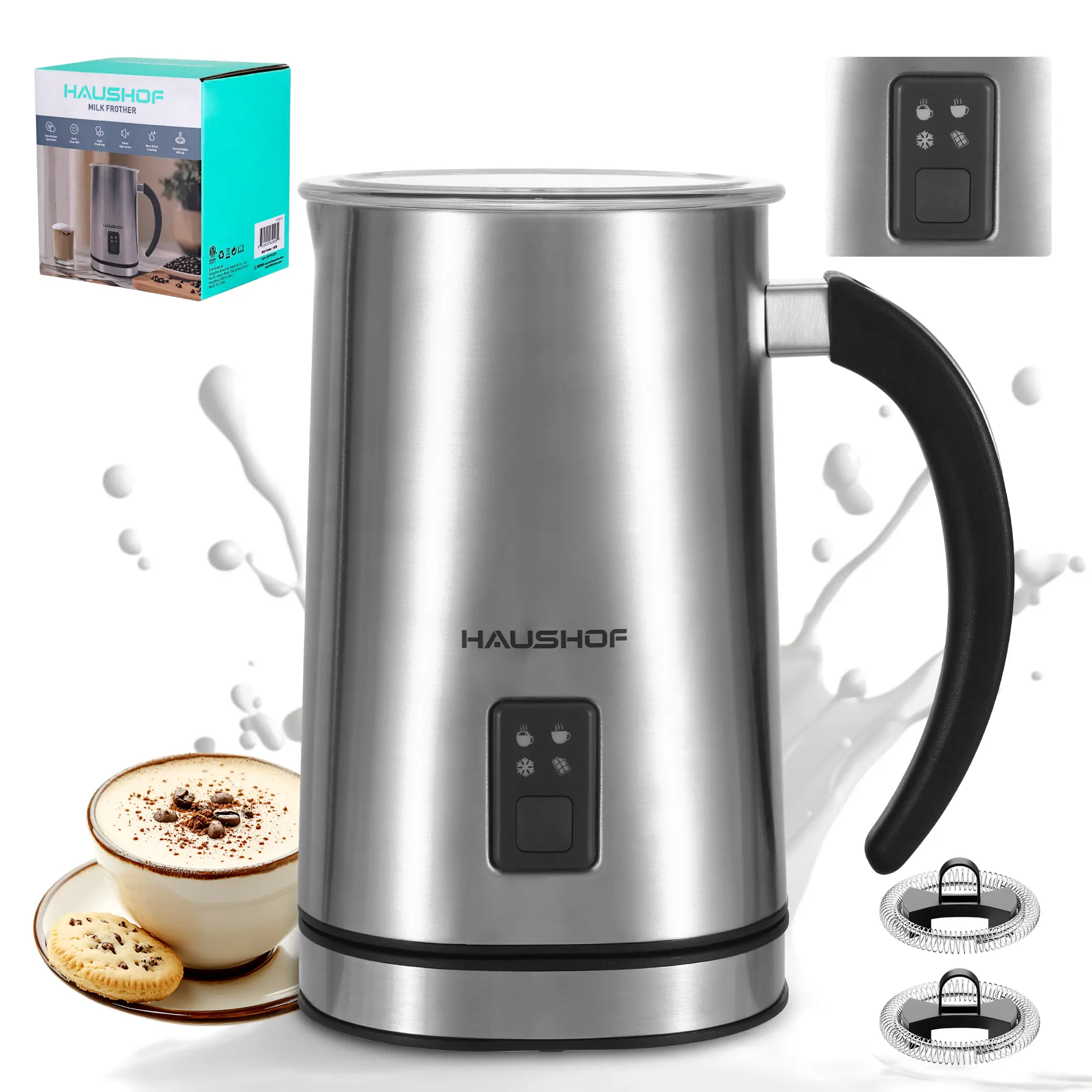 HAUSHOF Milk Frother, 4-in-1 Electric Milk Frother and Steamer, Large Capacity, Hot Chocolate Maker, Automatic Warm and Cold Foam Maker for Coffee, Latte, Macchiato, Cappuccino