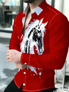 Men's Red Ink Style Horse Head Print Breathable Lapel Long Sleeve Cardigan