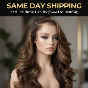 Inch Long Body Wave Lace Front Wig |   Brown with Blonde Highlights |   100% Virgin Human Hair Honey Highlight Body Wave Wig