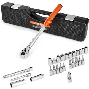 SummerWins3/8 Inch Drive Ratchet Torque Wrench Set, High-Precision 5-60 N.m/3.7-44.3 lbf.ft Dual-Direction 72-Tooth Click Wrench Kit with Socket Bits, Extension Bar, Spark Plug Sockets, Adapter (Orange)dealsforyoudays