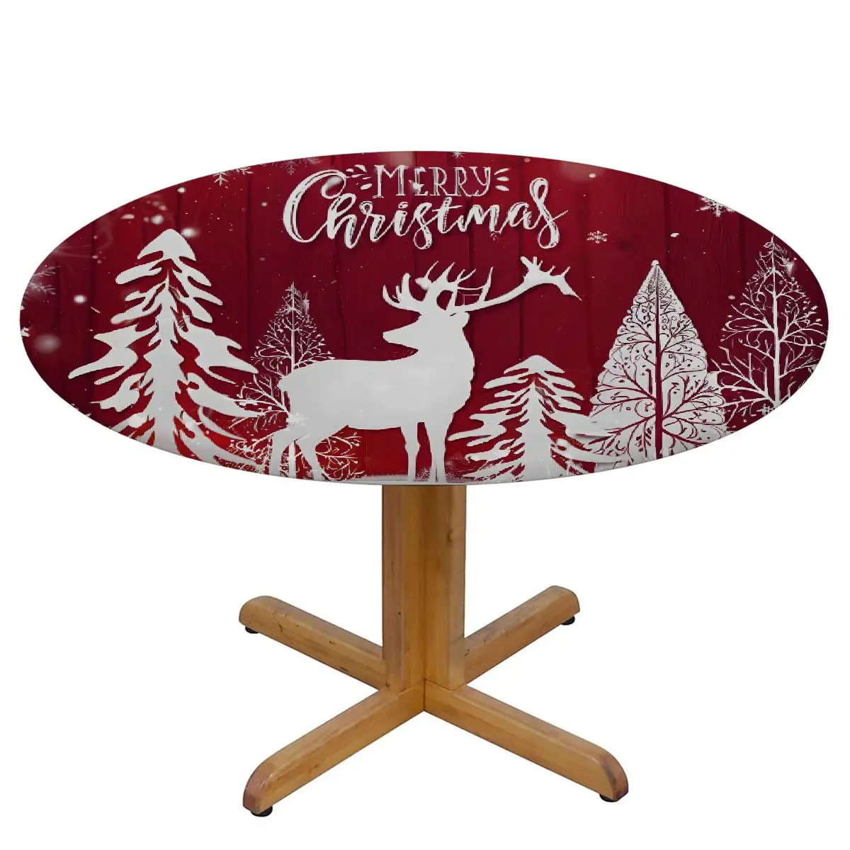 Stretchable Fitted Round Christmas Tablecloth - 1-Piece Waterproof Polyester, Red Wood Background with Reindeer & Trees, Stain-Oil Resistant, Non-Slip Edge Protector for Xmas Indoor Parties & Tabletop Use (Multi-Size)
