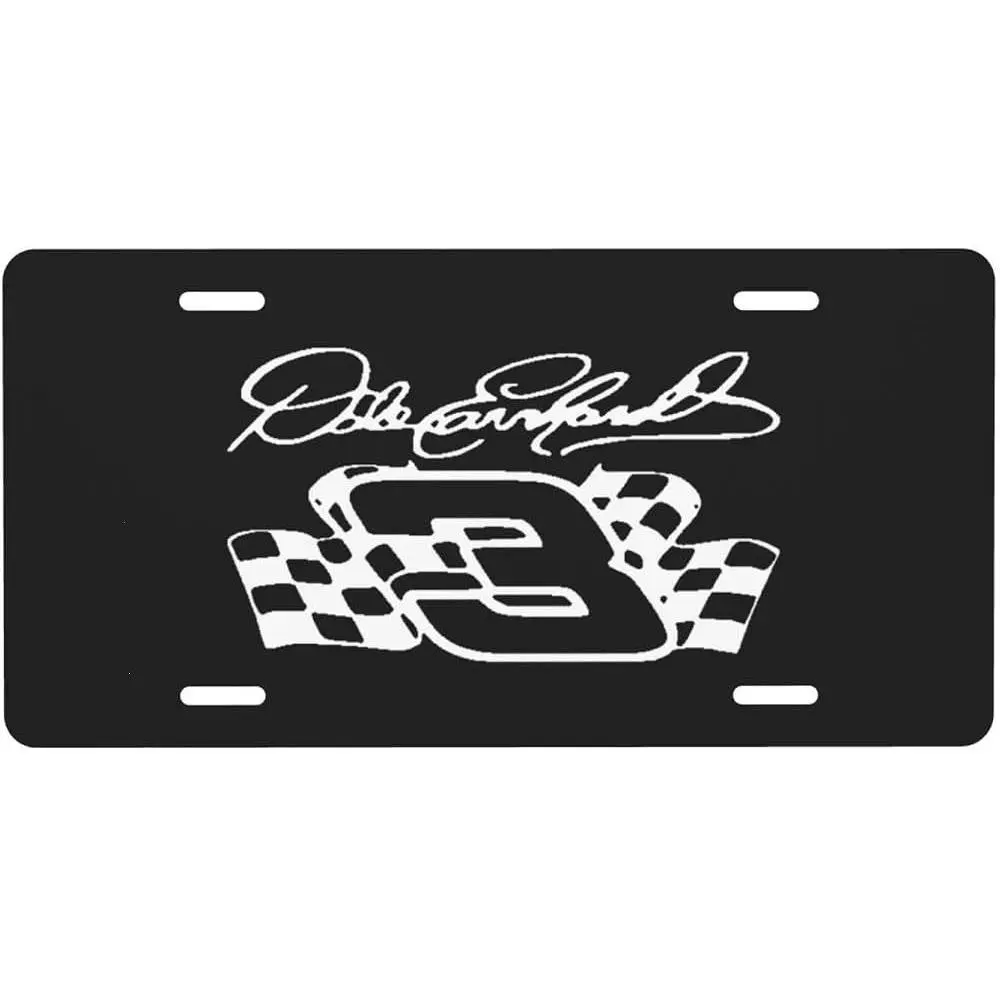 Dale Earnhardt No.3 White Racing License Plate, Aluminum Vanity Tag, Checkered Flag Artwork, NASCAR Fan Front Plate