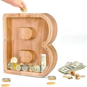 2026 New Letter Piggy Bank, Wooden savings box, A Must-Have for Coin & Bill Storage, Wooden Money Box & Storage Jar with Acrylic Clear Lid, For Adults & Kids, DIY Combination, Living Room/Bedroom Decor, Perfect Birthday Gift