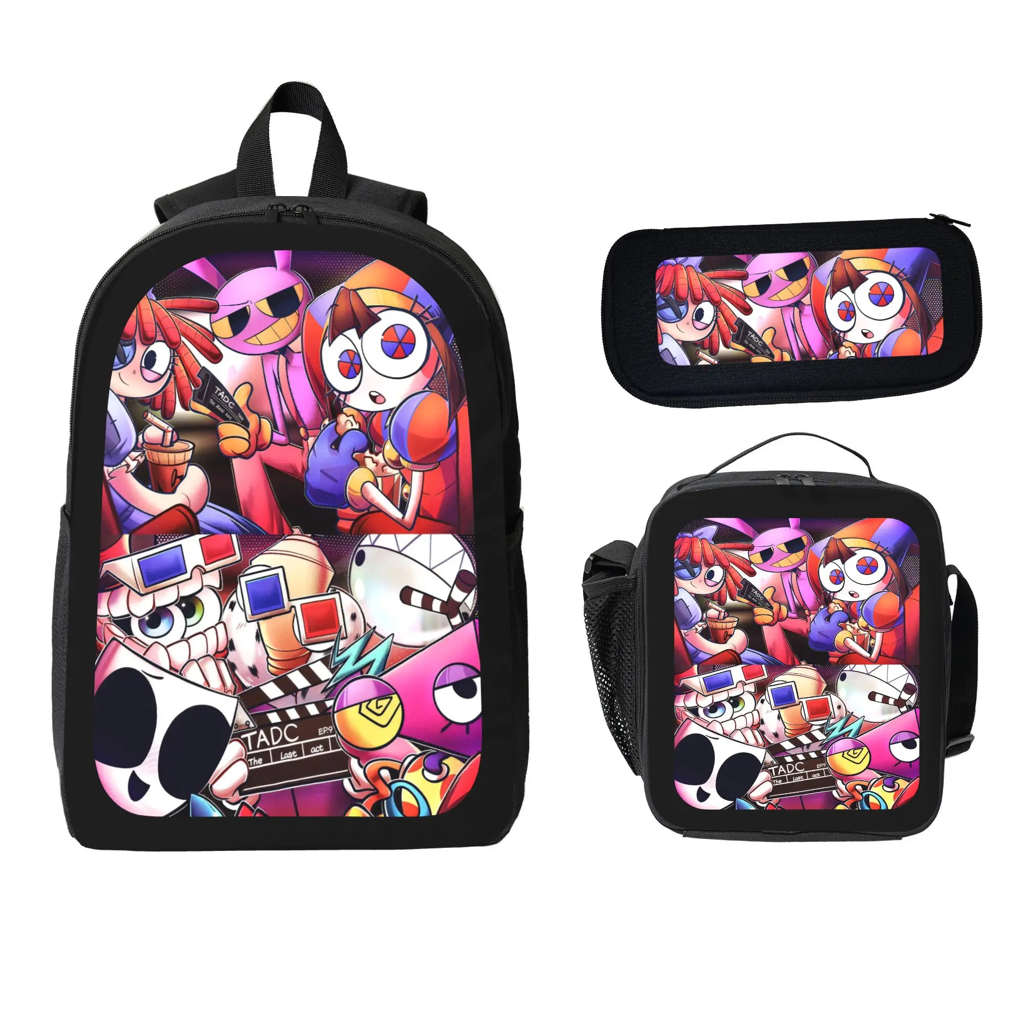 Men's 3-Piece The Digital Circus Cartoon Backpack Set - Polyester, Lightweight, Includes School Bag, Pencil Case, Insulated Lunch Bag - For Daily Use, Holiday