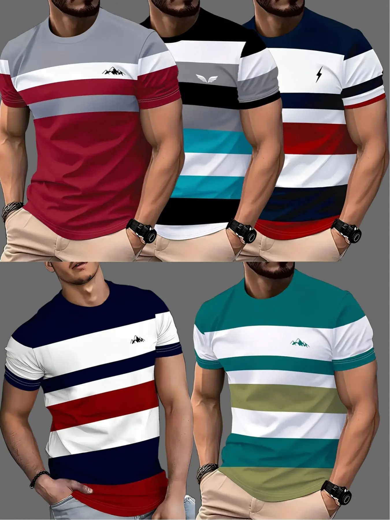 5 pieces of fashionable Casual 3D digital printed simple striped men's T-shirts 5 pieces of fashionable Casual 3D digital printed simple striped men's T-shirts