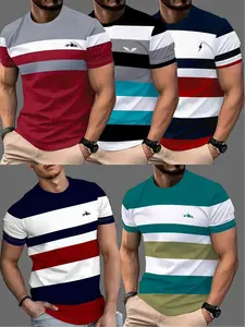 5 pieces of fashionable Casual 3D digital printed simple striped men's T-shirts