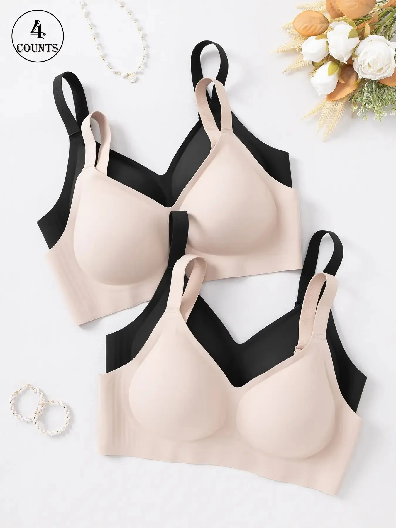Women's 4-Pack Seamless Everyday Bra Set, Wireless Bralettes with Hooks and Adjustable Straps, Lightweight Support, Smooth Back, Elegant Style,lingerie bra, Fit