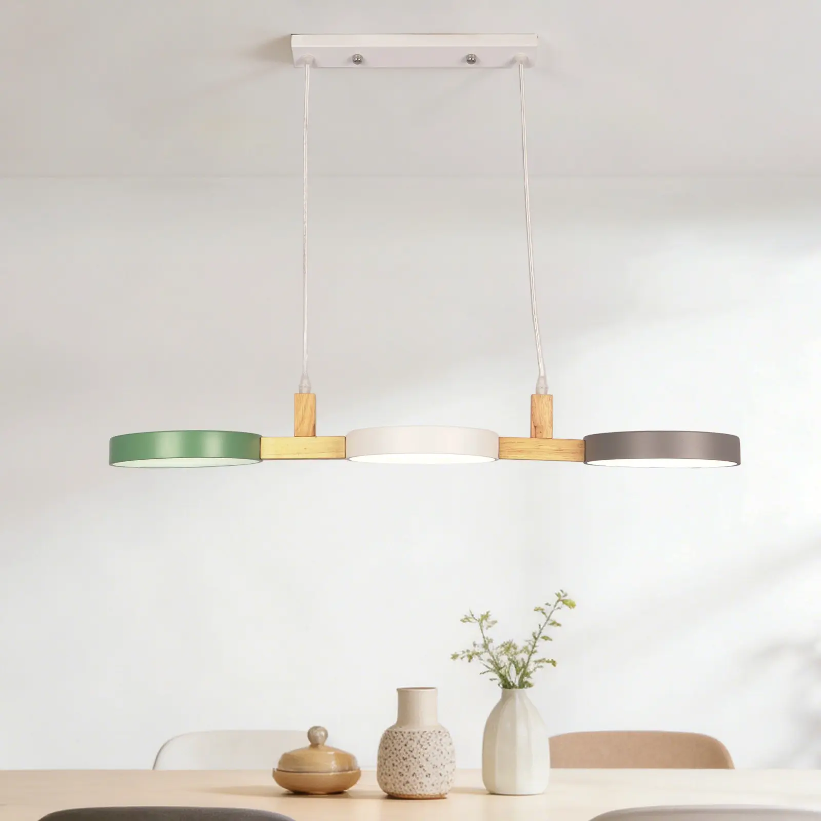Modern Nordic 3-Light Linear Pendant Light 28.5 Inch Wood Iron LED Chandelier 3 Color Change Bulbs Included