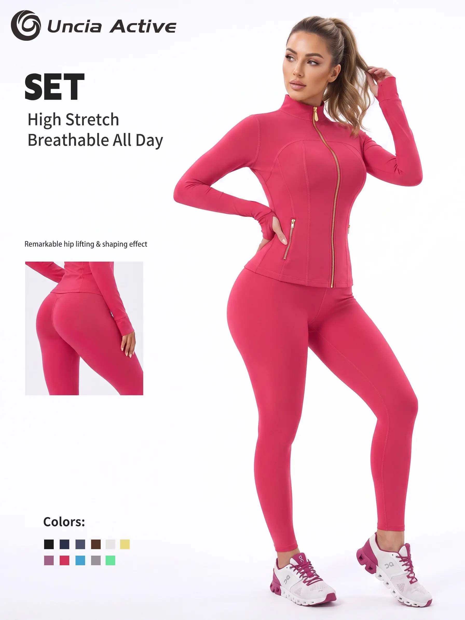 Zip Up Yoga Jacket Leggings 2 Piece Set, Gold Zipper Thumb Hole Workout Outfit with Pockets, Gardenia Scent Athletic Tracksuit Women Sportswear