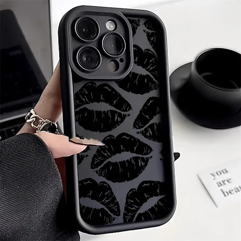 Black Lips Kiss Print Soft Matte TPU Silicone Cellphone Case - Shockproof Full Protection Cover for iPhone 7,8 Plus,SE 2,XR,11,12,13,13 Pro,14,15,16,16e,17,17 Air Pro Max, Fits iPhone Models, Mobile Phone Accessories, Casing