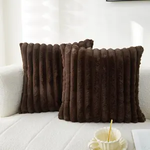 Double-Sided Faux  Plush Throw Pillow Covers 20x20 Inch Set of 2 Dark Brown Striped Decorative Pillow Cases Soft Luxury Cushion Cases for Couch Sofa Living Room Decor