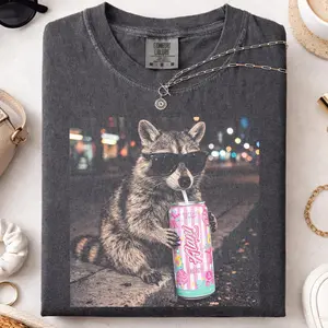 Raccoon Cotton Candy Drink Pepper Color Shirt, Funny Meme Shirt, Unisex Cotton Graphic Top T-Shirt, Unisex Cotton Crewneck Top for Daily Wear