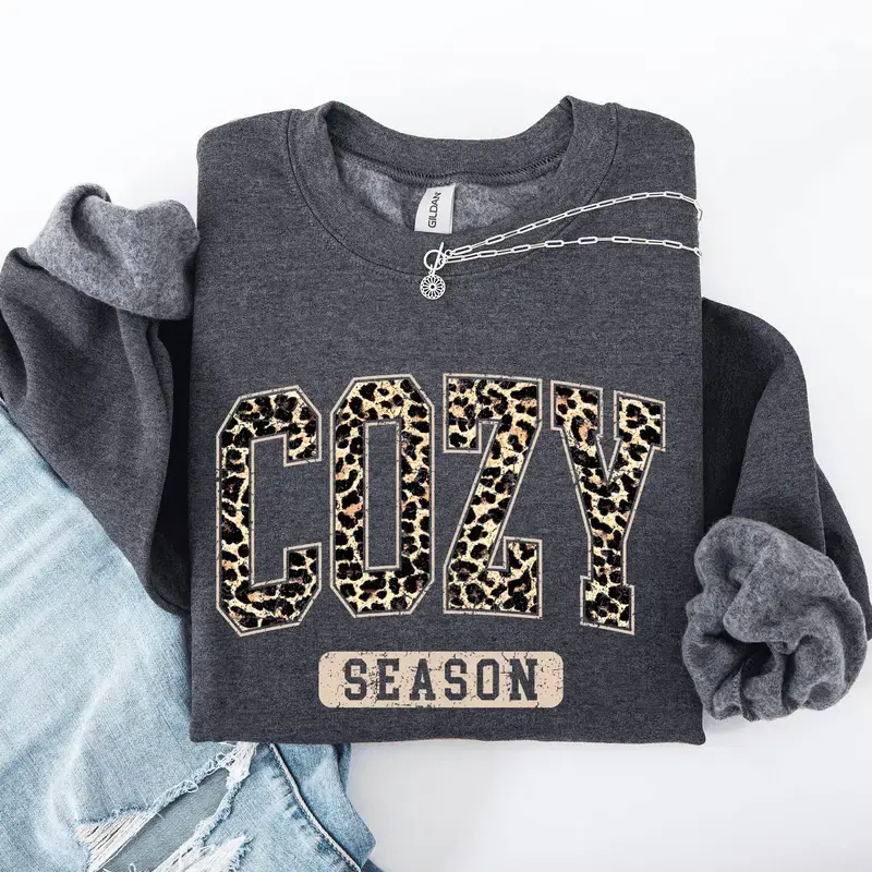 Cozy Season Sweatshirt, Leopard Print Crewneck, Fall Graphic Sweatshirt, Cozy Autumn Pullover, Trendy Women's Fall Sweatshirt, Thanksgiving Gift Fit Womenswear