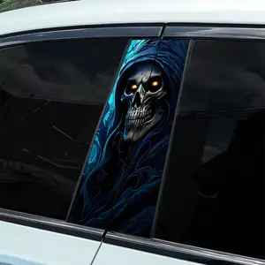 2 pieces dark blue flame wind red eye skull car sticker, Car decals, Truck car decal, vinyl B-pillar protective film, fantasy theme self-adhesive body decoration, easy installation, weather-resistant vehicle accessories, long-lasting